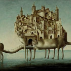 Surrealist artwork of elongated cats with multiple faces against ocean backdrop