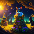 Fantasy illustration of illuminated cats in mystical forest