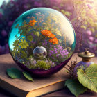 Colorful terrarium with glass orb, open book, pocket watch, and lush flora under sunlight