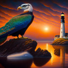 Colorful painting: Eagle with peacock feathers, lighthouse by serene sea at sunset