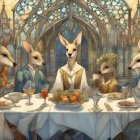 Anthropomorphic kangaroos at elegant banquet in Gothic-style room