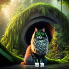 Long-haired cat in front of mystical forest tunnel entrance with lush greenery and soft sunlight.