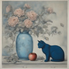 Blue Cat with Pink Peony Flowers, Leaves, and Apples in Detailed Illustration