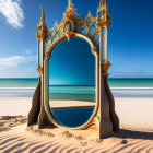 Golden mirror on sandy beach reflects sea and sky.