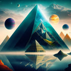 Colorful surreal landscape with pyramids, celestial bodies, and star-spangled skies.