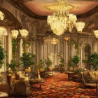 Luxurious Vintage Room with Chandeliers, Ornate Columns, Elegant Furniture, and Plants