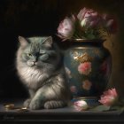 Maine Coon cat beside vibrant tulips and vase on dark background