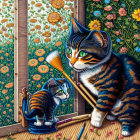 Tabby cat painting self-portrait as kitten in floral setting