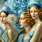 Stylized women with flowing hair in art nouveau-inspired illustration