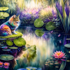 Colorful cat on mossy rock by pond with lilies and dragonflies in lush garden