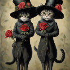 Anthropomorphic Cats in Formal Attire with Top Hats and Red Roses