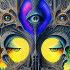 Colorful psychedelic artwork with intricate patterns and three eyes in blue, purple, and yellow hues.