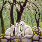 Three White Foxes Among Flowering Trees and Plants with Detailed Blossoms and Leaves