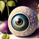 Detailed surreal illustration: human eye with floral patterns, roses, leaves on dark background