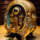 Intricate Gold Egg-Shaped Object with Clock in Library Setting