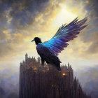 Majestic raven with vibrant blue feathers perched near illuminated castle