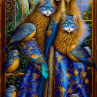 Woman in luxurious blue and gold gown with serene expression, accompanied by majestic blue cats and surrounded by birds