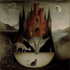 Surreal painting: castle on cat's back with moon & dreamlike landscape