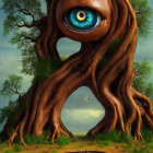 Surreal illustration of giant tree with vivid blue eye in forest landscape