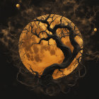 Surreal full moon with twisted tree branches against starry sky