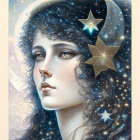 Stylized portrait of a woman with celestial features and blue starry hair.