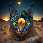 Surreal image: Cat with Egyptian-style adornments in desert under twilight sky