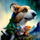 Anthropomorphic corgi with sword and butterfly-winged corgi in surreal landscape