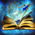 Gold-Paged Open Book with Blue Gemstone Jewelry on Rich Blue Background