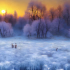 Frosty sunset landscape with icy trees and glowing sky