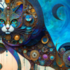 Colorful Stylized Cat Artwork with Cosmic Background