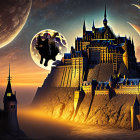 Castle on Cliff at Night with Full Moon and Black Cat