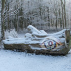 Surreal painting of giant eye in snowy landscape with pink trees