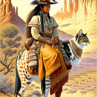 Native American woman on spotted horse with wolf in desert landscape