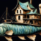 Fantastical painting of ship with castle-like structures sailing in starry sky