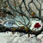 Surreal painting of blue eye merging with tree branches and red rose