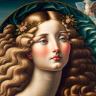 Portrait of Woman with Golden Wavy Hair and Green Headpiece