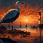 Majestic bird by shoreline at sunset with lighthouse, houses, and ships in fiery sky