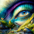 Fantasy illustration of colossal cosmic eye overlooking serene village