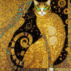 Stylized golden cat with intricate spiral patterns on black and gold background