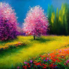 Colorful Blooming Trees Painting in Lush Meadow with Forest Backdrop