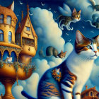 Multiple Cats with Golden Trophy in Blue Sky Artwork