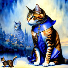 Illustration of three cats in blue cloak in fairy-tale landscape