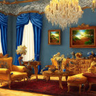 Luxurious Room with Blue Drapes, Chandelier, Golden Upholstery, Grand Table, Paint