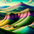 Surreal colorful rolling hills and undulating landscapes with shrubbery