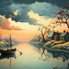 Tranquil landscape with calm waters, leafless trees, and golden sunset