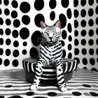 Monochrome image of white tiger in tuxedo against polka dot backdrop