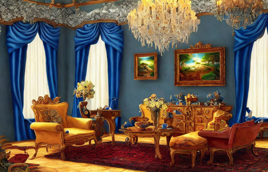 Luxurious Room with Blue Drapes, Chandelier, Golden Upholstery, Grand Table, Paint