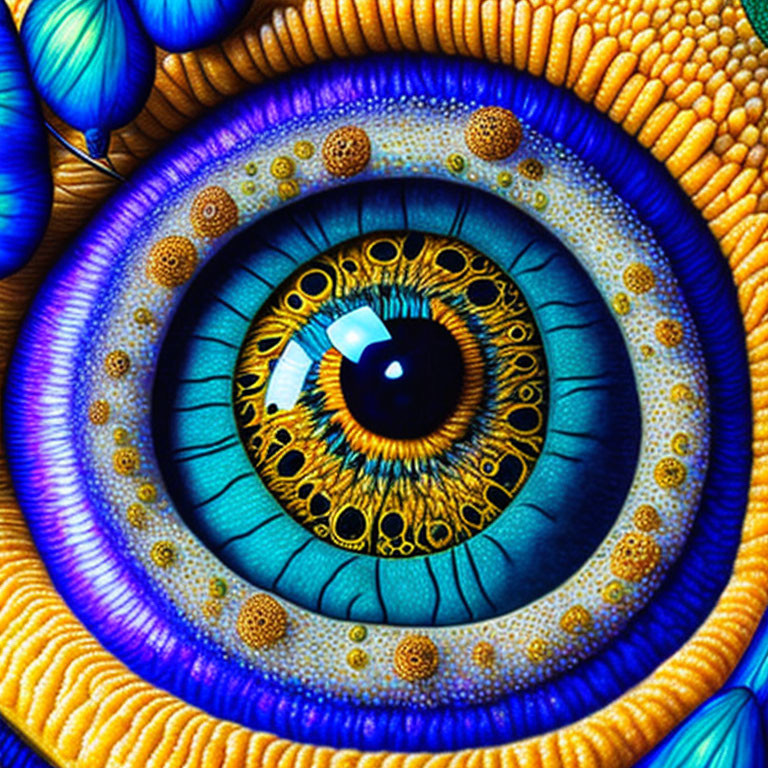 Elaborate colorful eye with intricate patterns in blue, gold, and orange