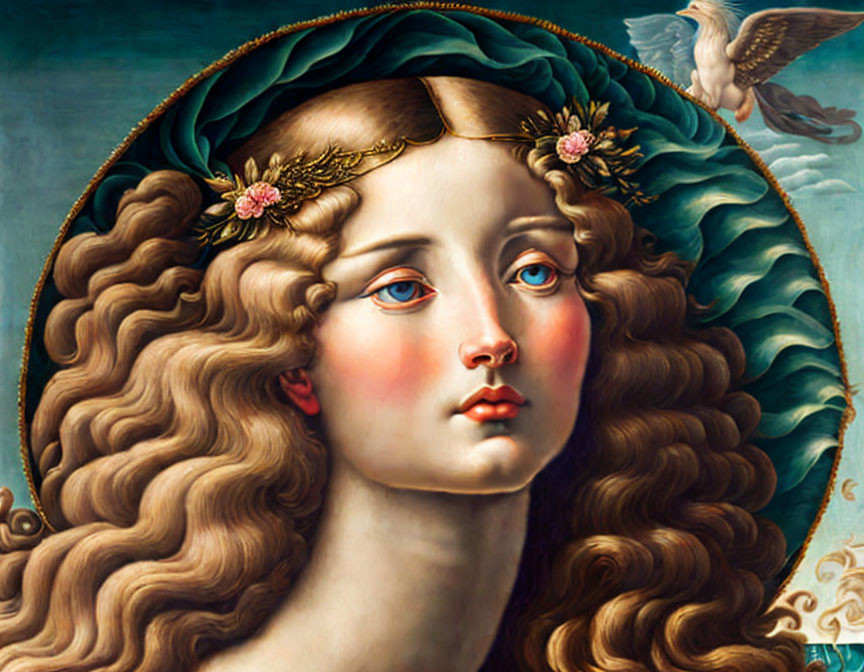 Portrait of Woman with Golden Wavy Hair and Green Headpiece