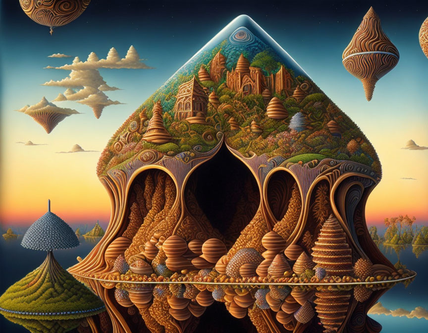 Surreal landscape with pyramid-like structure and floating islands at twilight